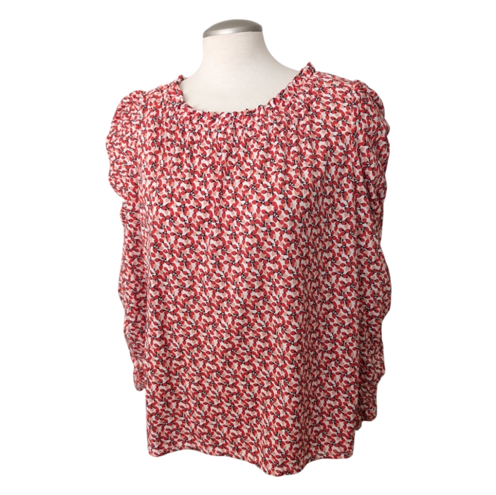Max Studio Red & White Floral Blouse Size Large Ruching On Sleeve